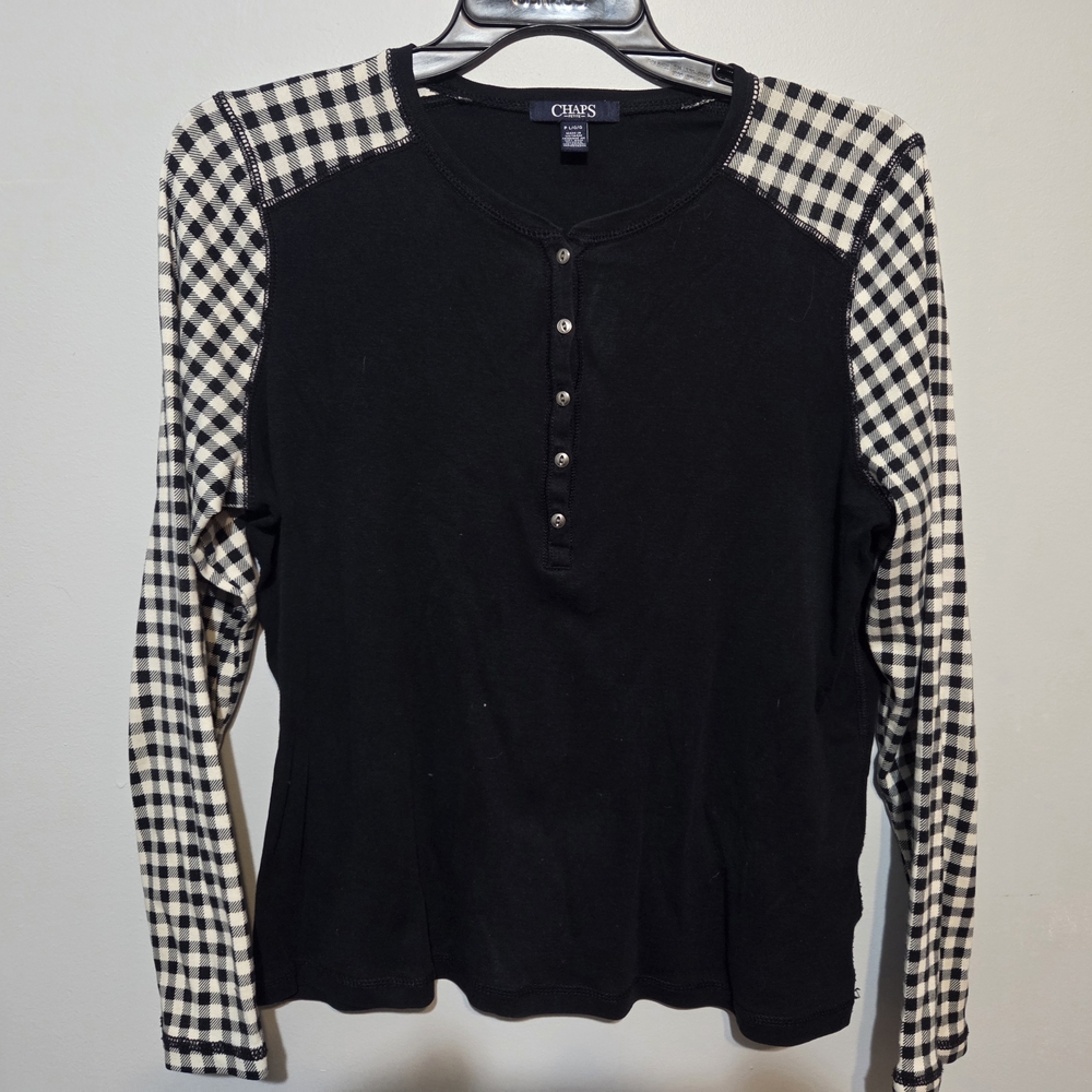 Chaps Ladies Large Gingham Henley Pullover Buttonfront
